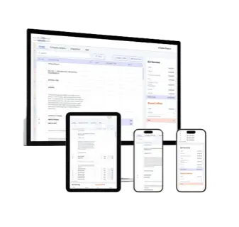Interface design for a case study card titled 'Construction Tender Management System,' displayed across a desktop monitor, tablet, and two smartphones, showcasing a digital platform with forms, tables, and navigation features optimized for multiple devices.