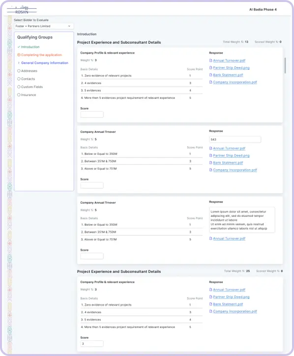 Persona for Michael Turner, a Construction Project Manager, highlighting his goals (efficient tender management and collaboration), pains (complex processes, errors, limited visibility), and needs (streamlined platform and real-time updates). Includes bio details, device usage breakdown, and user interview insights emphasizing the importance of usability and transparency.