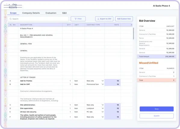Persona for Michael Turner, a Construction Project Manager, highlighting his goals (efficient tender management and collaboration), pains (complex processes, errors, limited visibility), and needs (streamlined platform and real-time updates). Includes bio details, device usage breakdown, and user interview insights emphasizing the importance of usability and transparency.